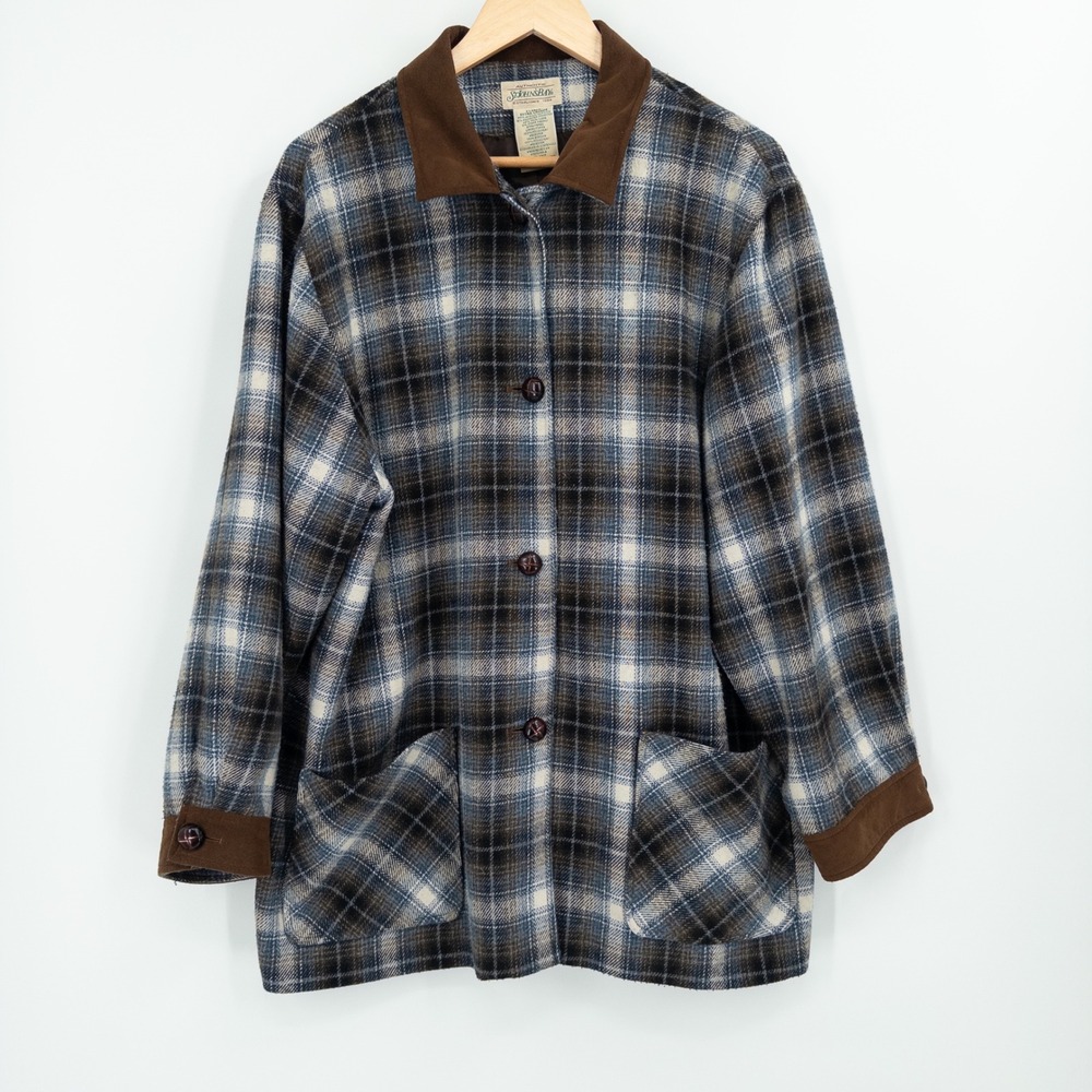 Vintage St Johns Bay Flannel Plaid Shirt Jacket Mens XL Brown Blue Workwear Barn